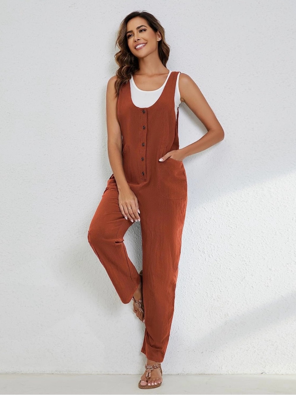 Sleeveless Rust Button-Front Jumpsuit